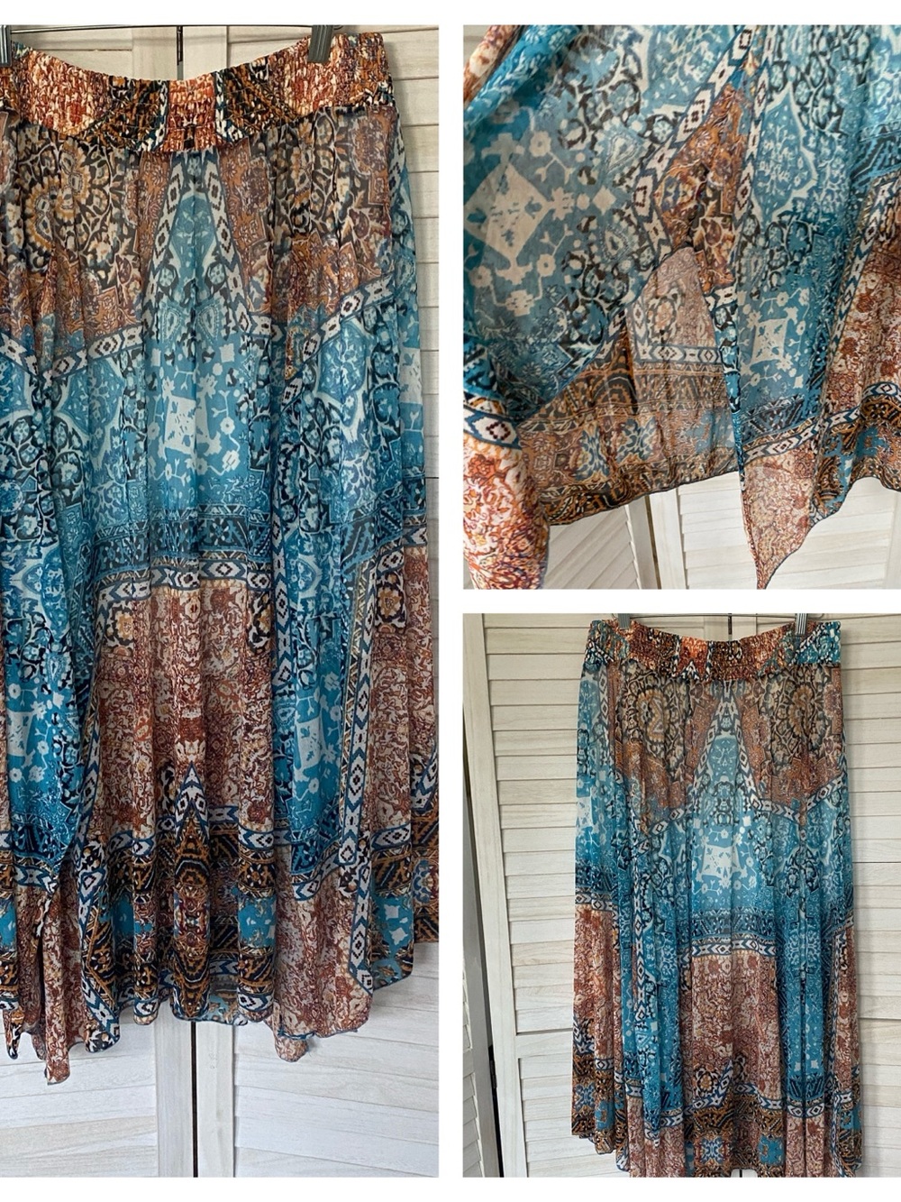 GNW Teal and Rust Patterned Boho Maxi Skirt Spring Summer SZ L